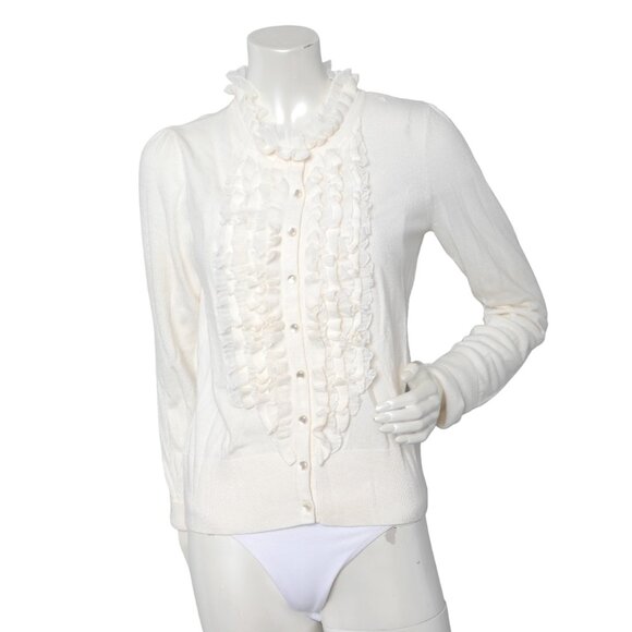 TRIBAL Ruffled Button Down Knit Cardigan Sweater Ivory Cream Soft Stretch - Picture 2 of 8